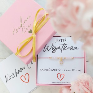 Bransoletka JESTEŚ WYJĄTKOWA. Złoto, Srebro, Kwarc Różowy. Walentynki