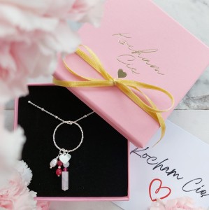 Naszyjnik MIŁOŚĆ. Prezent na Walentynki. Perła, Rubin, Kwarc Różowy, Srebro