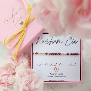 Bransoletka KOCHAM CIĘ Morse Code. Walentynki. Kwarc Różowy, Granat, Złoto, Srebro.