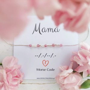 MAMA Naszyjnik Morse Code. Złoto, Srebro , Turmalin Różowy. Prezent na Dzień Matki