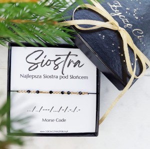 SIOSTRA Bransoletka Morse Code.  PREZENT dla Siostry. Złoto, Srebro, Spinel, Kamień Księżycowy