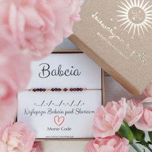 BABCIA. Bransoletka MORSE CODE. Granat, Srebro, Złoto. Idealny Prezent na Dzień Babci
